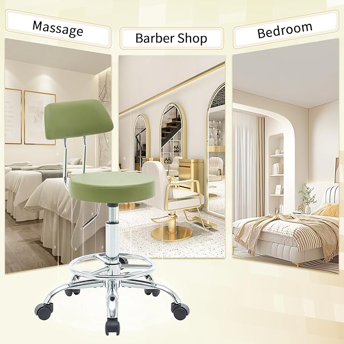 Height Adjustable Stool 19.5’’-26.6’’, Rolling Chair with Back and Footrest, Green Esthetician Stool Ergonomic (Green)