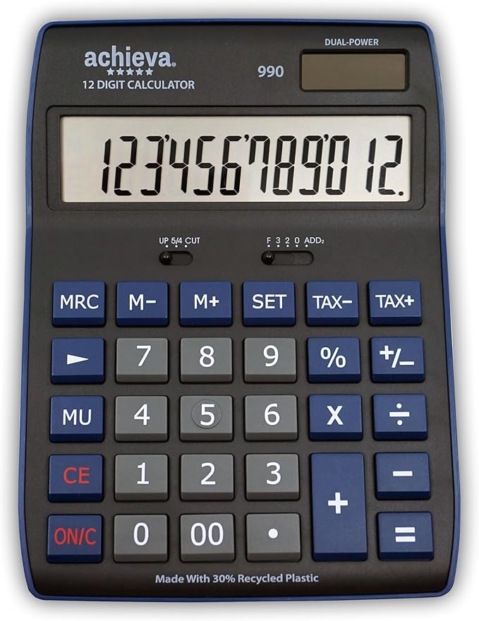 Achieva 12-Digit LCD Display Desktop Calculator | Blue | Mark Up Key, Selectable Decimal & Rounding Switches | Dual Solar/Battery Power | for Home, Office, School (990)