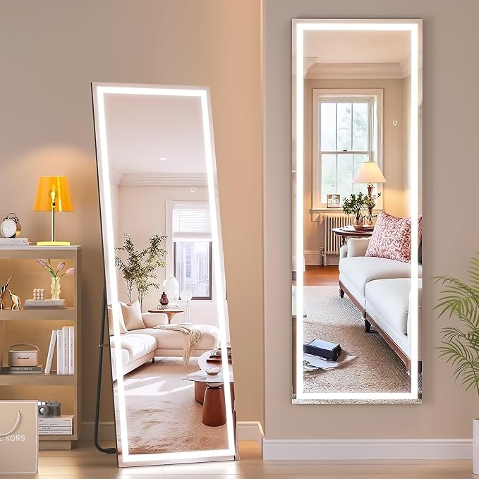Hasipu Full Length Mirror with Lights, 56" x 15.8" LED Floor Mirror, Full Body Dressing Standing, Hanging Mounted Mirror for Living Room Bedroom Cloakroom, Square Black