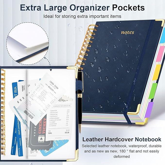 Hardcover Spiral Notebook 8"x10" Journal Notebook with Tabs and Removable Dividers 300 Pages 5 Subject Notebook College Ruled, Faux Leather Spiral Bound Notebook for Women, Students, School Work (Dark Blue)