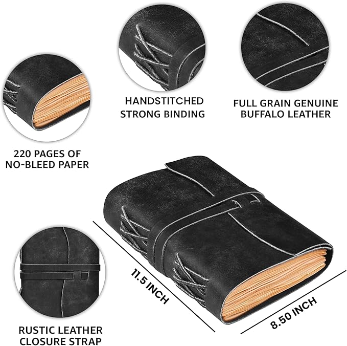 LEATHER VILLAGE Leather Bound Journal - Black, 11.5"X8.50", 220 Pages - Vintage Blank Paper Diary for Writing, Drawing, Sketchbook, and Travel Notebook - Ideal for Women and Men