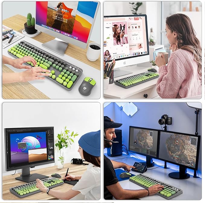 Wireless Keyboard and Mouse Combo, 2.4 GHz Wireless Full-Sized Typewriter Keyboard with Round Keycaps for Windows, Computer, Desktop, PC, Laptop (GreyGreen)