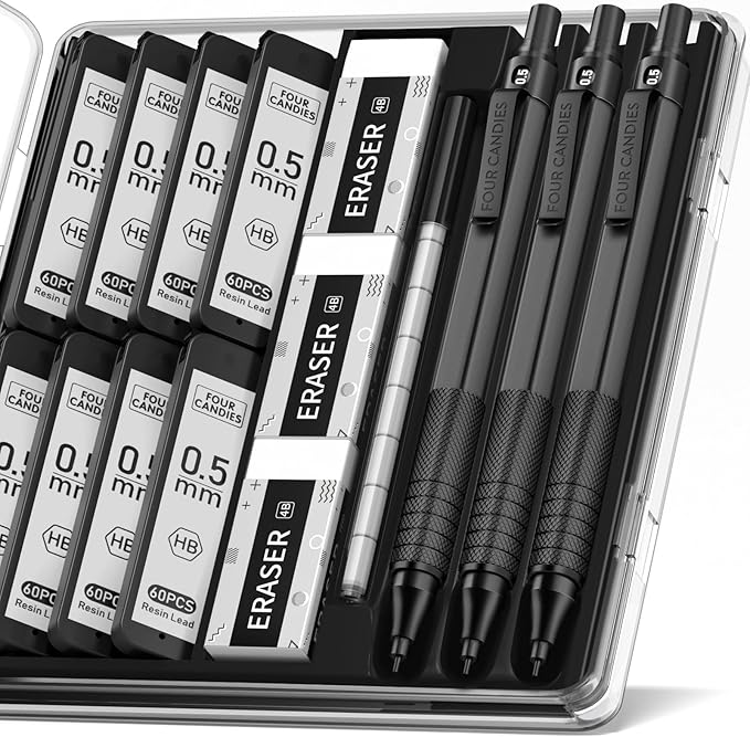 Four Candies 0.5mm Mechanical Pencil Set with Case, 3PCS Metal Artist Lead Pencil with 8 Tubes (480PCS) HB Lead Refills, 3 Erasers, 9 Eraser Refills For Engineer Art Writing Drawing Drafting, Black