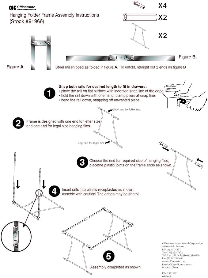 Officemate Universal Hanging File Frame, Letter and Legal Size, Rails 24 to 27, Steel, 1 Set (91966)