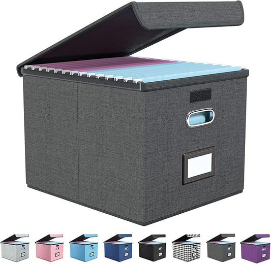 Collapsible File Storage Organizer Boxes with Lids, Linen Office Document Storage Box, Filing Box, Decorative Small File Box for Hanging File, Single File Box with Plastic Slide for Office/Decor/Home