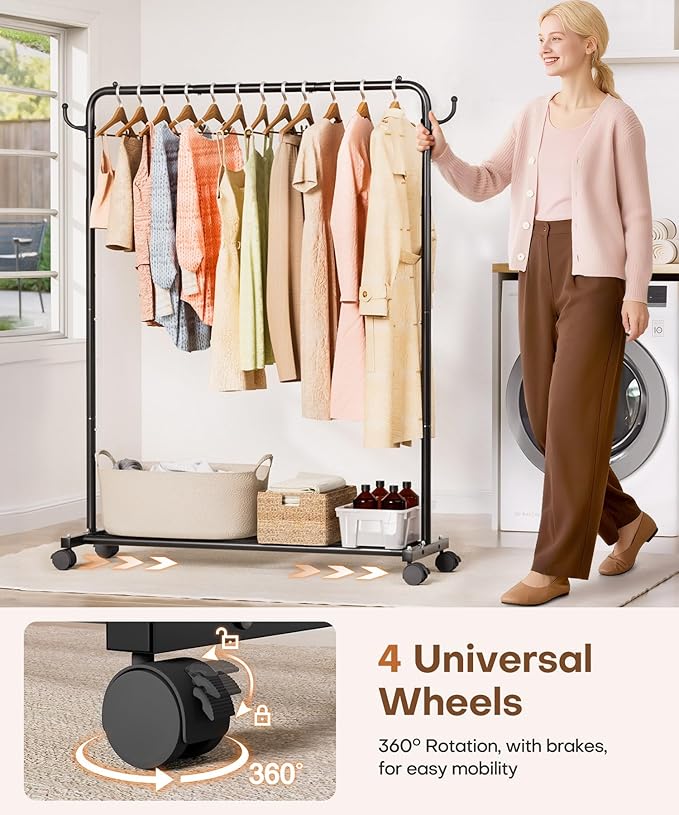 Homde Heavy Duty Clothes Rack: 120lb Standing Garment Storage for Indoor - Rolling Hanging Rod for Bedroom Laundry Room - Coat Dress Organizer on Wheels with luggage shelf (Black，46")