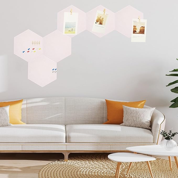 6Pcs White Hexagon Bulletin Board Strips,White Felt Pin Board Bar Strips with 50 Pushpins, Self-Adhesive Felt Cork Board Strips for Wall to Display Your Notes, Photos, Schedules