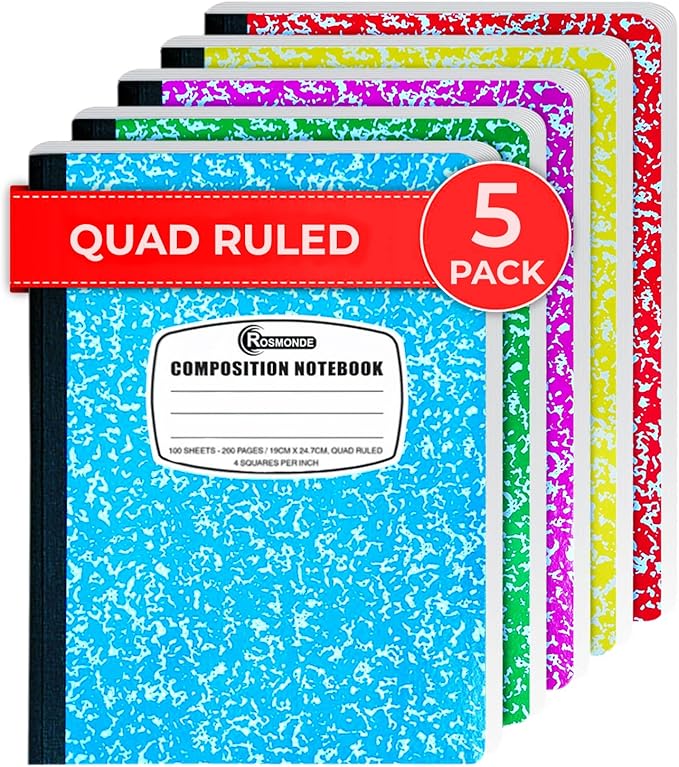 Composition Notebook Graph Paper, 5 Pack, 200 Pages (100 Sheets), Quad Ruled Composition Notebook, 4x4 Grid Graph Paper Composition Book, Assorted Colors, Hard Cover Graph Book, 9-3/4 x 7-1/2