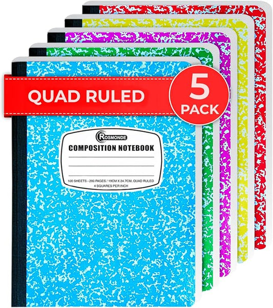 Composition Notebook Graph Paper, 5 Pack, 200 Pages (100 Sheets), Quad Ruled Composition Notebook, 4x4 Grid Graph Paper Composition Book, Assorted Colors, Hard Cover Graph Book, 9-3/4 x 7-1/2