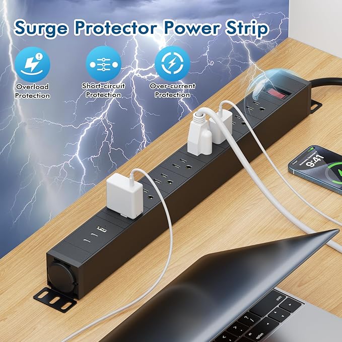 8 Outlet Metal Wall Mount Power Strip,360° Rotatable Mounting,PD 20W USB C Fast Charging,Surge Protector Powerstrip with 6FT Cords,15A 1875W, for Home Office Industrial Garage Commercial