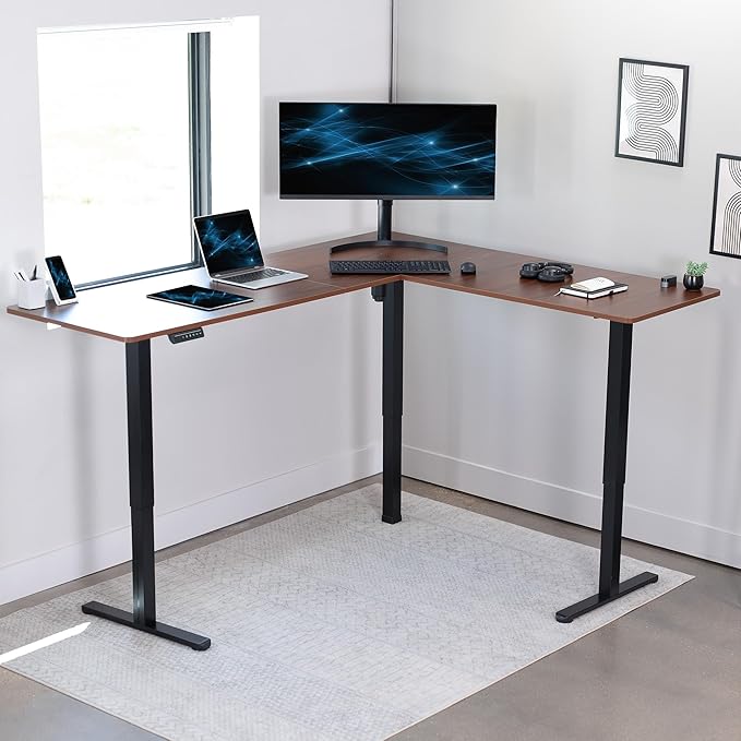 VIVO Electric Corner L-Shaped 75 x 63 in Standing Desk, Memory Height Adjustment, Dark Walnut Top Black Frame, DESK-E3CTD-75