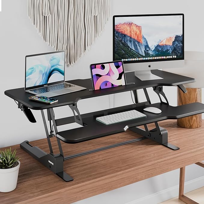 Mount-It! 47" Standing Desk Converter, Large Wide Tabletop Height Adjustable Desk Riser with Gas Spring, Desktop Sit Stand Up Desk with Keyboard Tray Fits 2 Monitors or Monitor and Laptop, Black