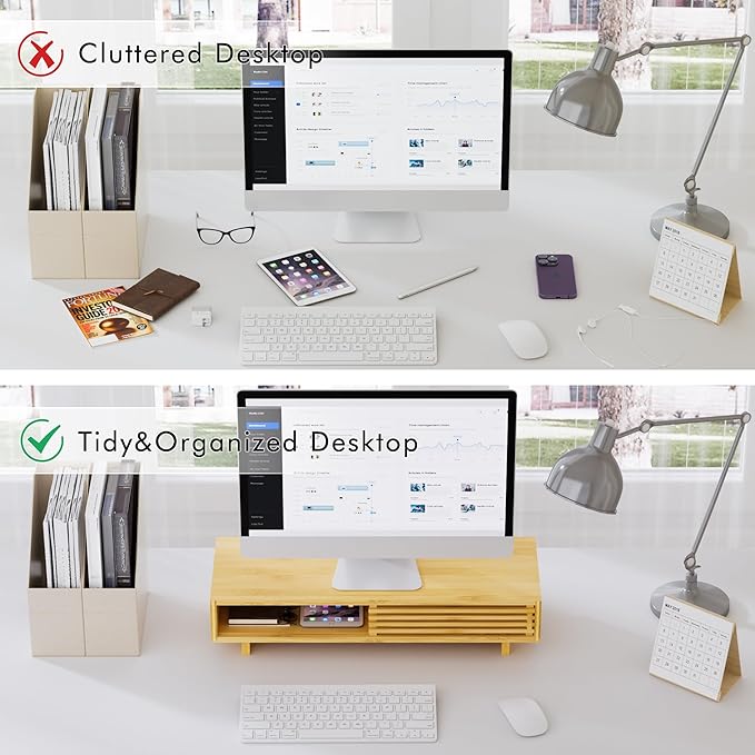 Zri Bamboo Computer Monitor Stand with Drawer, Dual Laptop Stand for Desk,Single Monitor Riser with Storage,Wood Office Desk Organizer & Accessories