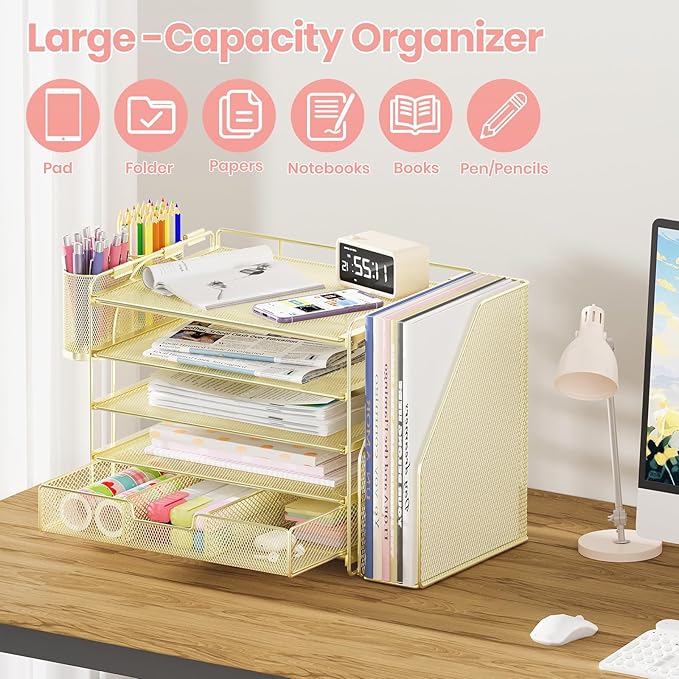 Desk Organizers and Accessories, 5-Tier Paper File Organizer with Drawer & Pen Holder, Office Desk Accessories Workspace Desktop Organizer for Office Supplies(Gold)