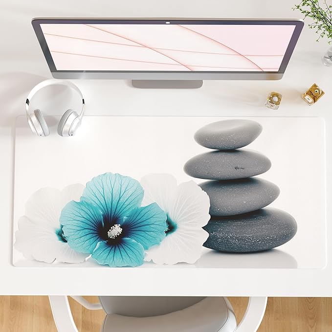 QIYI Desk Pad, Non-Slip PU Leather Desk Blotter Protector, Kids Floral Print Waterproof Computer Desk Mat, Thick Home & Office Large Keyboard Mouse Pad 31.5" x 15.7" - Pebbles & Blue White Flowers