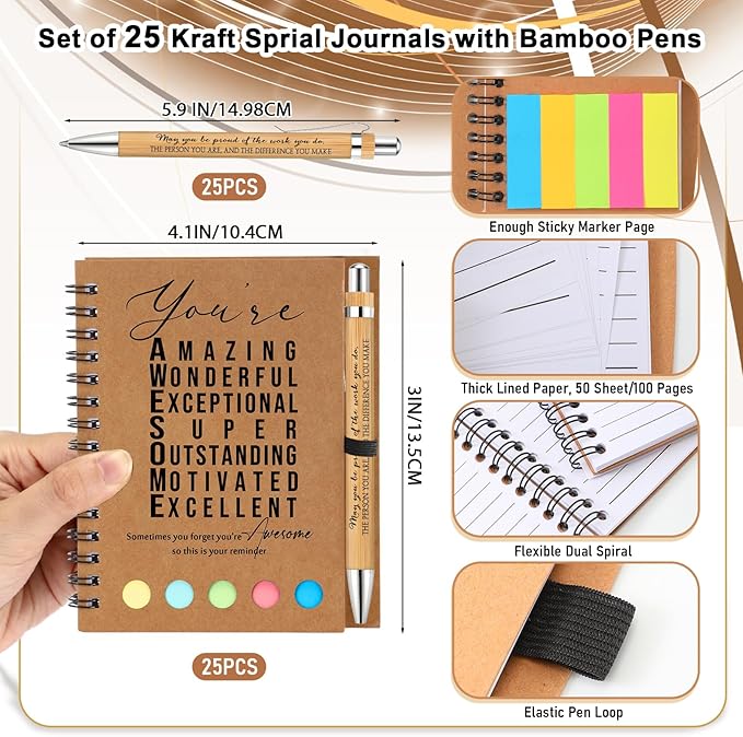 Jetec 25 Sets Bulk Employee Appreciation Gifts Bulk Inspirational Spiral Notebook with Note Ballpoint Pen Thank You Gifts for Volunteer Social Worker Nurse Staff Coworker Students (Amazing)