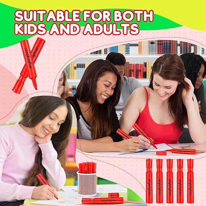 Qilery 72 Pack Highlighters Bulk, Tank Style Chisel Tip Highlighters Markers Quick Drying for Kids and Adult Coloring, Classroom Home Office School Supplies (Red)