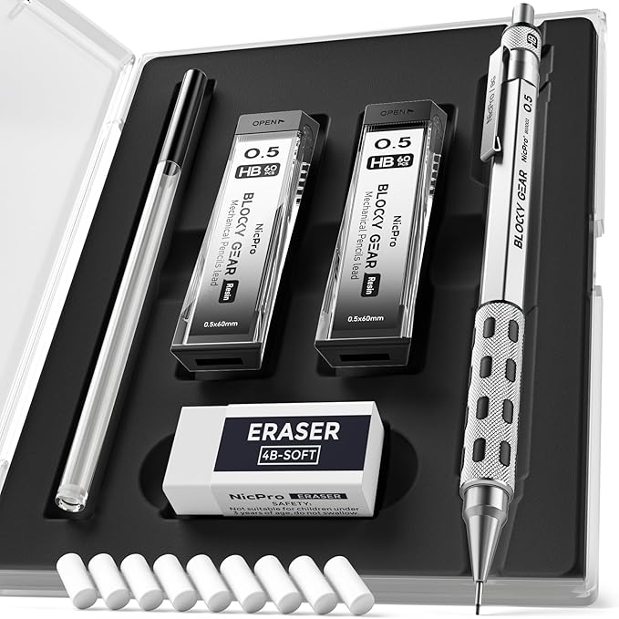 Nicpro Blocky Gear 0.5 mm Mechanical Pencil Set in Case, Metal Pencil with Lead Refills, Eraser for Professional & Adult Art Writing Drafting Drawing