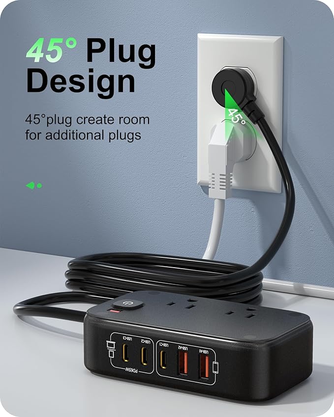 7-in-1 Power Strip, PD GaN 65W USB C Power Strip with 3 USB-C, 2 USB-A Ports and 2500W AC Outlet, Flat Plug Sleek Socket Essentials for Home/Office/College/Travel (Pearl Black, 65W)