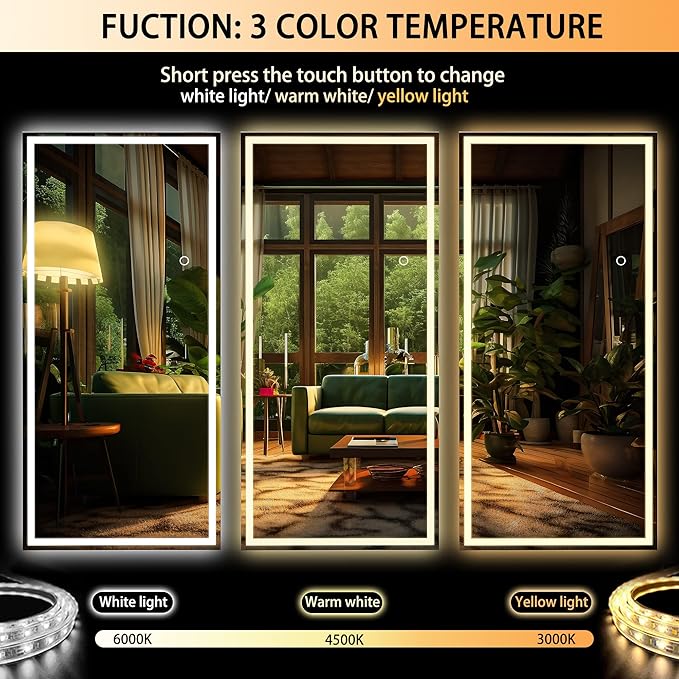 Hasipu Full Length LED Mirror with Lights, 71" x 27.6" Floor Standing or Hanging Mounted, Full Body Dressing Mirror, Dimmable Light, Tempered Glass, Square White