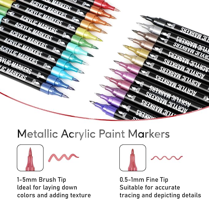 24 Metallic Colors Acrylic Paint Markers, Dual Tip with Fine Tip and Brush Tip Pens for Stone, Wood, Calligraphy, Canvas, Ceramic, Metal, Glass, Rock Painting, DIY Crafts