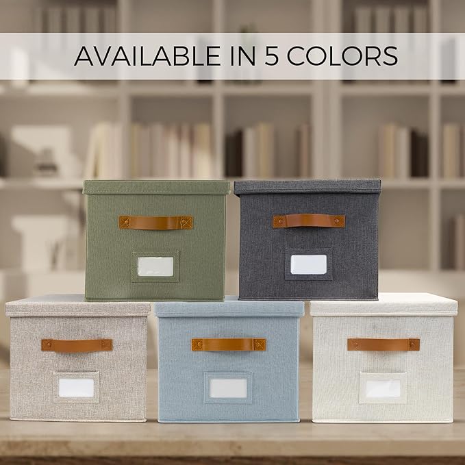 ZICOTO Decorative File Organizer Box Set of 2 - Collapsible Linen Filing Cabinets w/Handles Are Perfect to Store all Your Documents & Hanging File Folders - Portable Easy Slide Crates with Lid