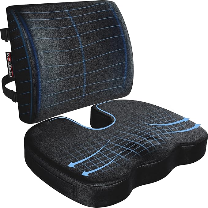 FORTEM Seat Cushion and Lumbar Support for Office Chair, Desk Chair Cushion, Memory Foam Office Chair Cushion, Non Slip Sitting and Back Pillow for Gaming, Car Seat Cushion, Chair Pad