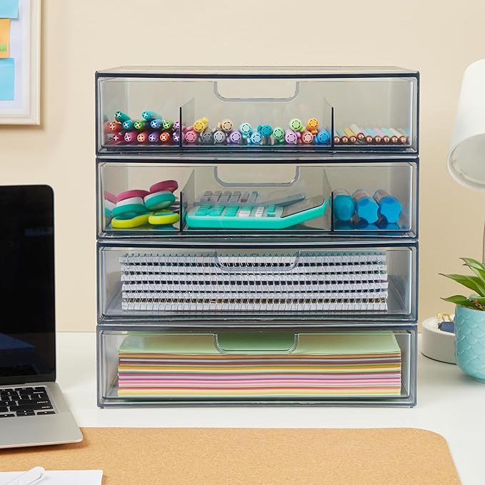 STORi STAX Plastic Stackable Organizer Drawers (Set of 2) Classic Grey | 12.5" Wide | Set Includes One Open Drawer & One Divided Drawer | Organize Office Desk Accessories & Sort Paper | Made in USA