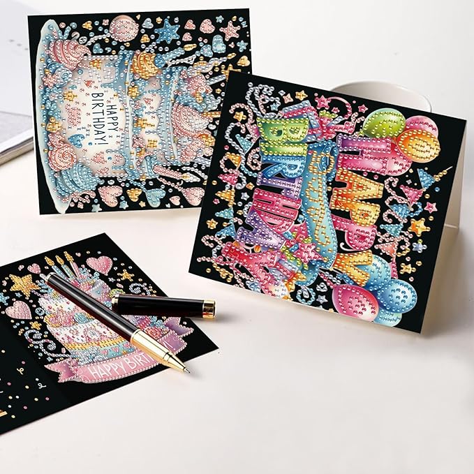 6 Pcs 5D Diamond Painting Greeting Card Kits, Laser Effect Diamond Art Birthday Cards Special Shaped Diamond Art Postcards Crafts for Birthday Holiday (30x15cm)
