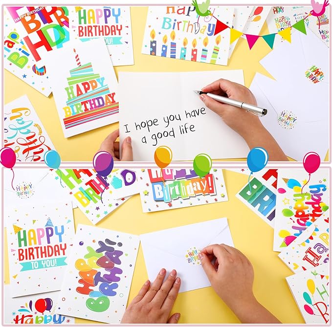 200 Set Unique Happy Birthday Card Bulk with Envelope and Sticker Blank Greeting Card Large 5 x 7 Inch Suitable for Office Kids Women Men, 20 Styles(Colorful Words)