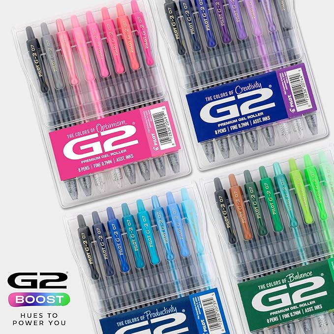 PILOT, G2 Premium Gel Roller Pens, G2 Boost Greens Pack, The Colors of Balance, 8 Pack Pouch, Fine Point 0.7 mm, Assorted