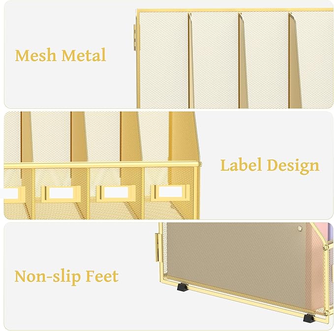 SUPEASY Desk Organizers Metal Desk Magazine File Holder with 5 Vertical Compartments Rack File Organizer for Office Desktop, Home Workspace, Gold