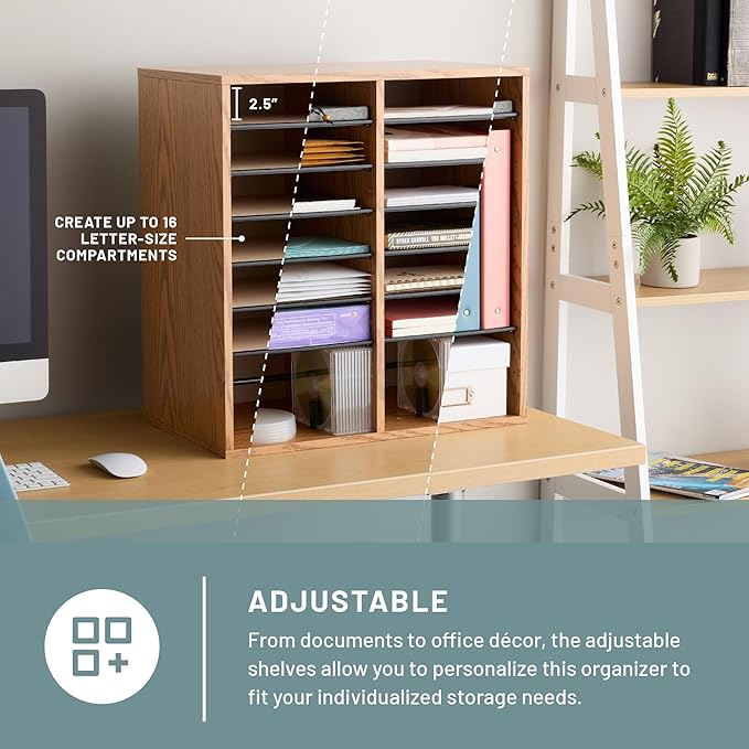 Safco Wooden Paper and Mail Organizer for Home Office and Classroom, Adjustable Shelves and Stackable