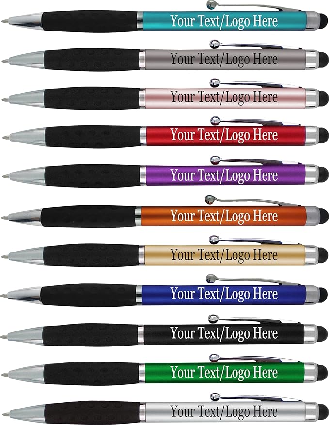 Personalized Pens With your Custom Logo or Text-600 Pack Bulk-for Businesses, Parties, and Events, 2 in 1 Ballpoint Pen & Stylus Compatible with Touchscreen Devices, Grey Barrel, Black Ink