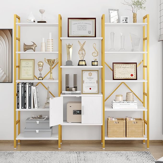 Yusong Bookshelf Triple Wide 5 Tier Bookcases with Storage Cabinet, Industrial Large Modern Tall Bookshelves with 12 Open Display Shelves for Living Room Office Bedroom, White and Gold