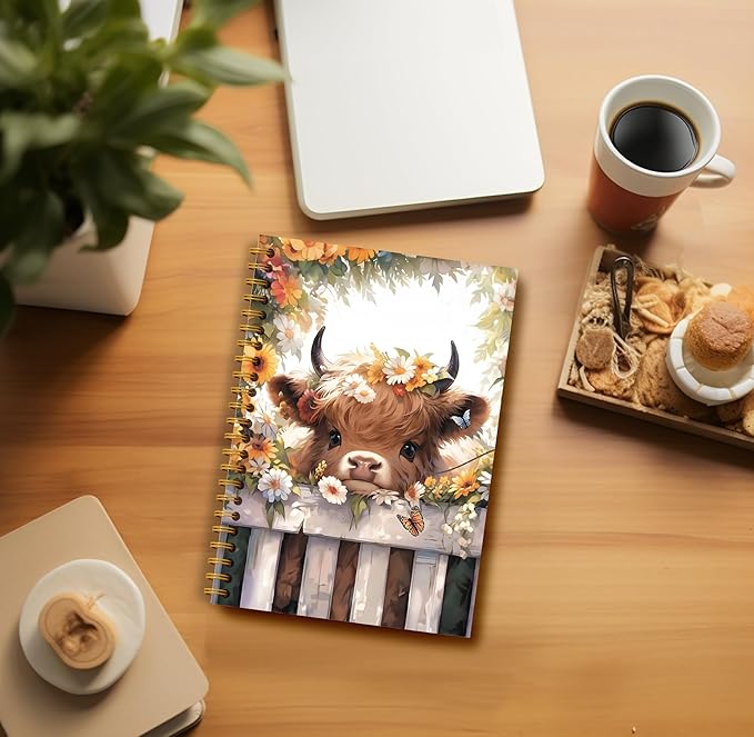 Floral Highland Cow Notebook - Western Cow Notebook, Highland Cow Office Supplies, Highland Cow Gifts, Cow Lover Gifts, Cute Cow Stuff, Cute Daisy Flower Highland Cow Spiral Notebook 5.5x8.3