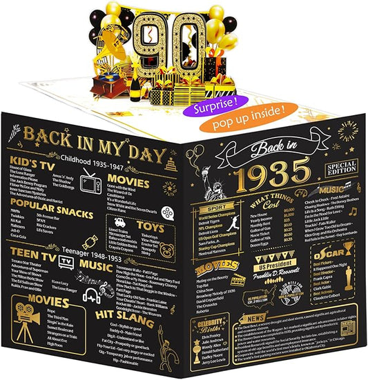 90th Birthday Card for Men Women, Funny 3D Pop Up 90th Birthday Gifts for Grandma Mom Dad, Back In 1935 Happy 90 Year Old Birthday Decorations Cards for Her Him