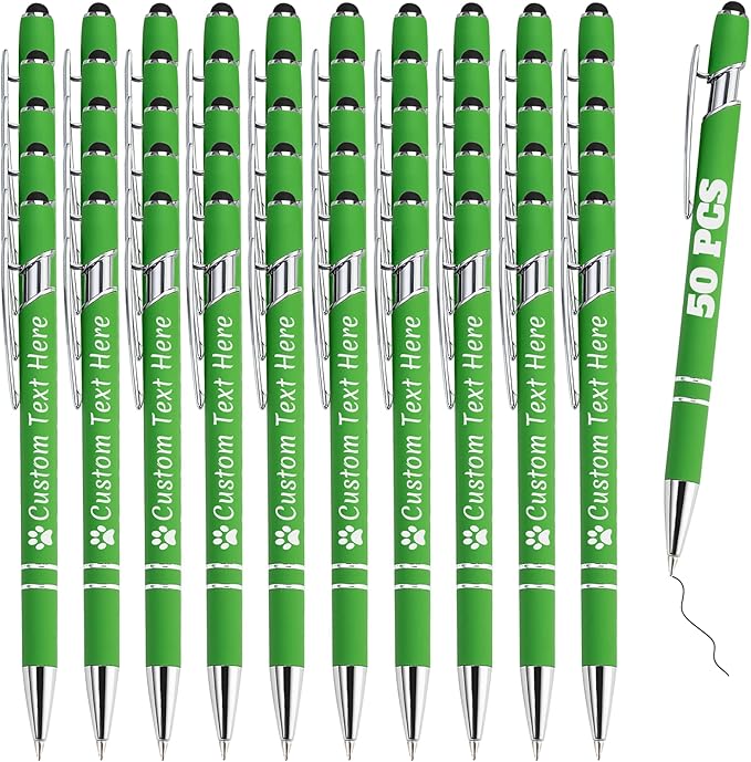 Personalized Pens Bulk 50 with Name Custom Engraving Ballpoint Pens with Stylus Tip Customized Smooth Writing Pens Personalized Gifts for Anniversary Birthday or Graduation(Light Green,Black Ink)