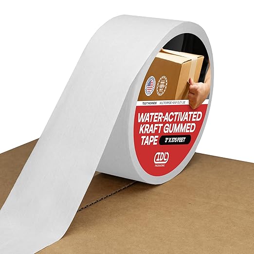IDL Packaging 3" x 375 feet Reinforced Water-Activated Kraft Gummed Tape 70lb Thickness - Secure Paper Packing Tape for Secure Carton Sealing - Heavy-Duty for All Conditions, White