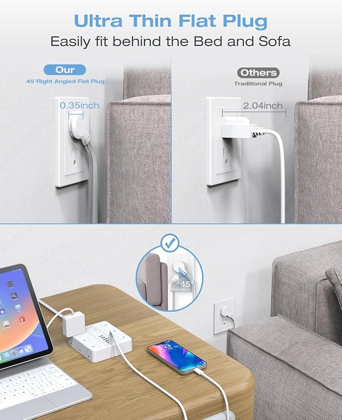 Flat Plug Power Strip, AOFO Surge Protector Flat Extension Cord with 12 AC Outlets and 6 USB(2 USB-C) Ports,Multiple Outlet Wall Plug 5FT Extension Cord for Home Office, Dorm Room Essentials