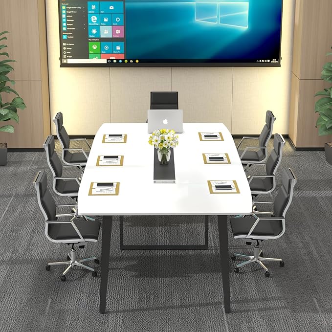 Loomie 8FT Conference Table, 94.49" L x 47.24" W x 29.53" H Meeting Seminar Table with Grommet, Large Boat Shaped Computer Desk, Boardroom Desk for Office Meeting Conference Room,White