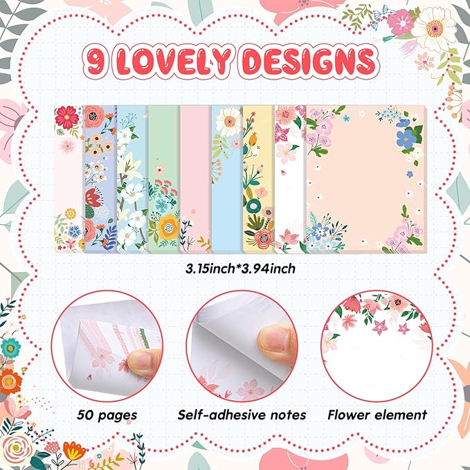 Sabary 9 Pads Sticky Notes 3.15 x 3.94 Inches Cute Self Sticky Note Pads Colored Adhesive Notepad for Memo Reminder Journal Studying Office Home Gift (Flower)