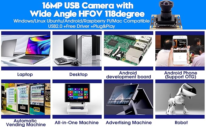 ELP 16MP Wide Angle USB Camera Module for Raspberry Pi and Computer 4K Mini UVC USB2.0 Video Webcam Board with 118degree No Distortion Lens IMX298 Industrial PC Lightburn Camera for Laptop,Jetson Nano