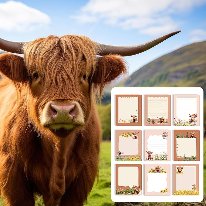 Sabary 9 Pads Sticky Notes 3.15 x 3.94 Inches Cute Self Sticky Note Pads Colored Adhesive Notepad for Memo Reminder Journal Studying Office Home Gift(Highland Cow)