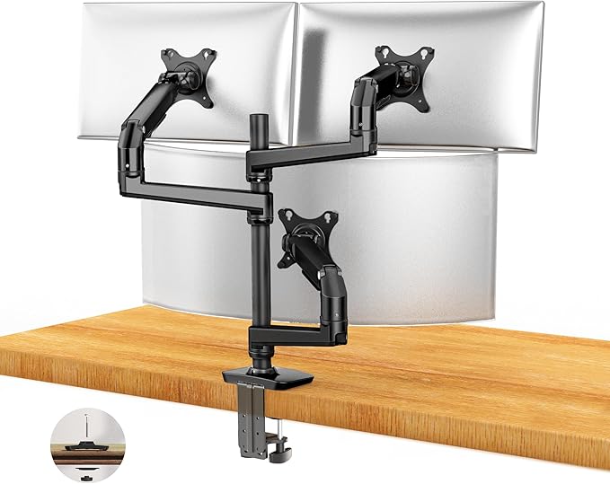 Triple Monitor Mount, Holds Screens up to 40 Inches and 25 lbs, Fully Adjustable 3 Monitor Desk Mount with C-Clamp and Grommet Base, Aluminum, Black