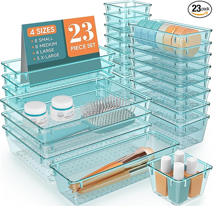 23 PCS Clear Plastic Drawer Organizers Set, 4 Size Desk Drawer Organizer Trays for Makeup, Jewelry, Kitchen Utensils, Gadgets and Office Accessories, Sea Blue