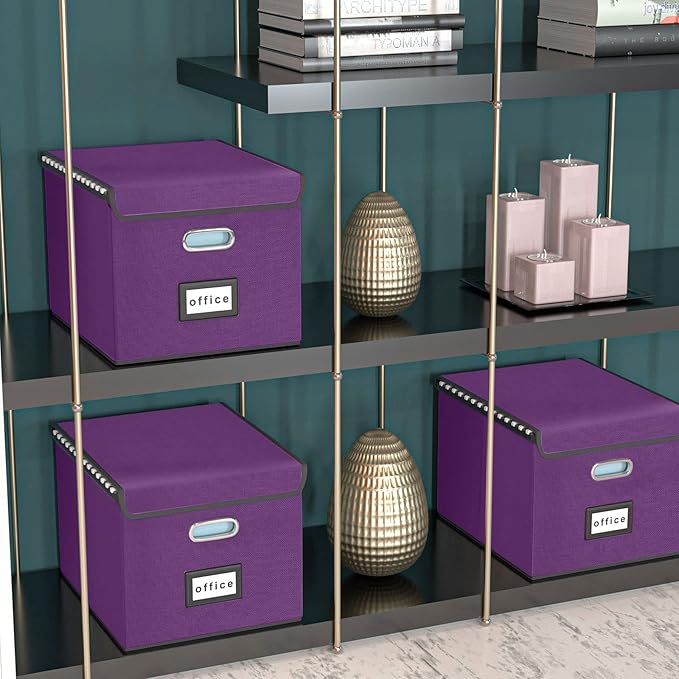 Huolewa File Organizer Box with Lid, Collapsible File Folder Organizer for Office Document Storage, Filing Box with Plastic Slide for Letter/Legal Size Hanging Files, Purple