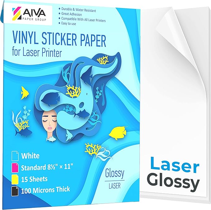Printable Vinyl Sticker Paper for Laser Printer - Glossy White - 15 Self-Adhesive Sheets - Waterproof Decal Paper - Standard Letter Size 8.5"x11"