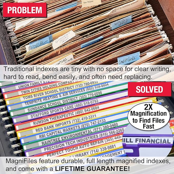 Ultimate Office MagniFile Insertable Hanging File Folder Tabs. Indexes That Double The Size of Your File Titles to Find Files Fast! (Set of 20), Assorted