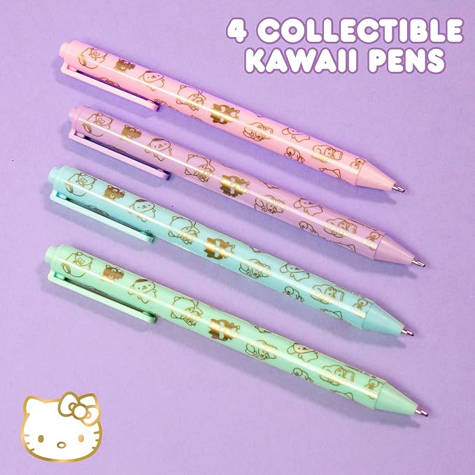 Sanrio Hello Kitty & Friends 4-Piece Pen Set - My Melody, Kuromi, Kawaii & School Supplies, Black